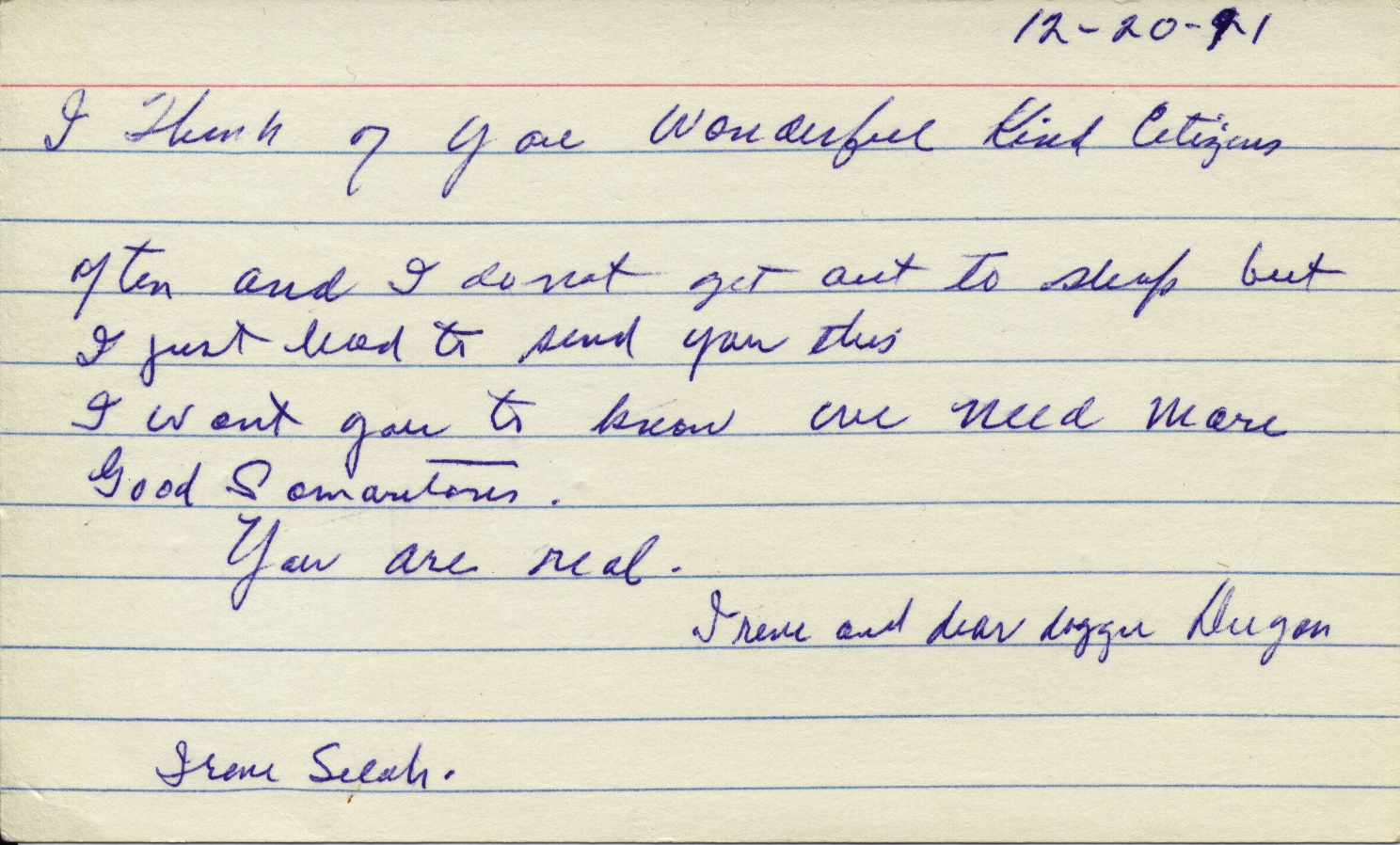 Note from Irene Selah